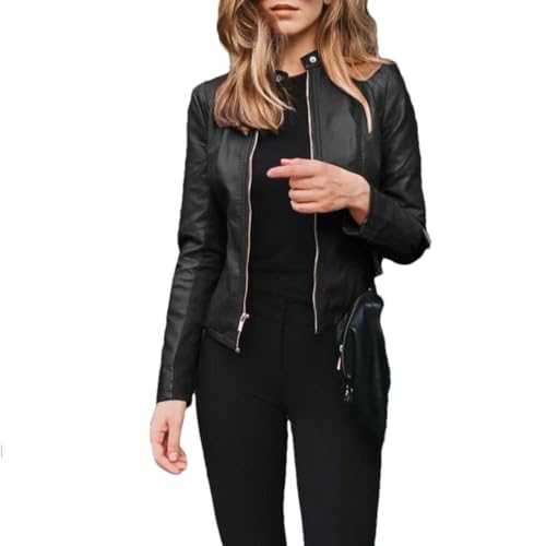 Dvbfufv Dünner Herbstmantel für Damen, kurze PU-Lederjacke, Übergröße, Schwarz , 32 von Dvbfufv