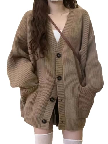 Dvbfufv Koreanische Lose Strickwaren Strickjacke V-Ausschnitt Strick Mantel Einreiher Einfarbig Langarm Jacken Frauen Top von Dvbfufv