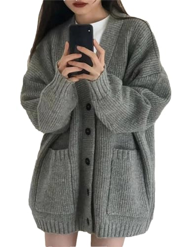 Dvbfufv Koreanische Lose Strickwaren Strickjacke V-Ausschnitt Strick Mantel Einreiher Einfarbig Langarm Jacken Frauen Top von Dvbfufv