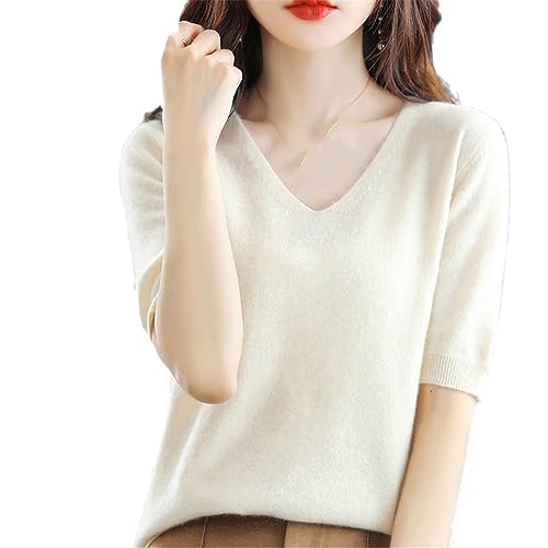 Sommer Damen Kaschmirpullover Kurzarm Pullover Mit V-Ausschnitt Lässiger Solider Kurzarmpullover Frühling Beige XL von Dvbfufv