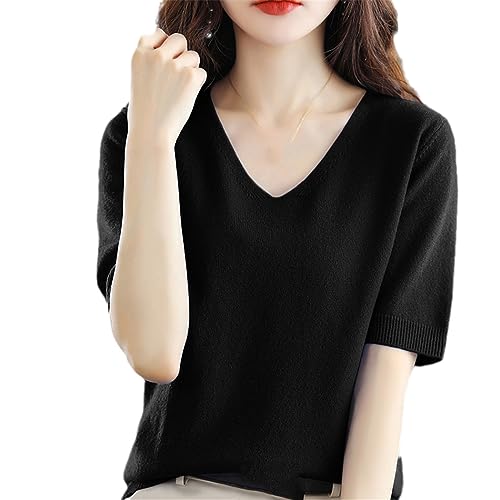 Sommer Damen Kaschmirpullover Kurzarm Pullover Mit V-Ausschnitt Lässiger Solider Kurzarmpullover Frühling Black M von Dvbfufv