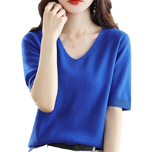 Sommer Damen Kaschmirpullover Kurzarm Pullover Mit V-Ausschnitt Lässiger Solider Kurzarmpullover Frühling Blue L von Dvbfufv