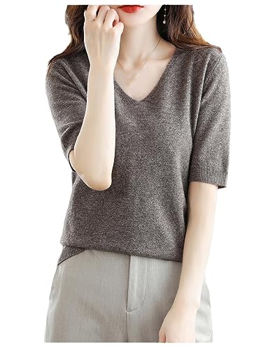 Sommer Damen Kaschmirpullover Kurzarm Pullover Mit V-Ausschnitt Lässiger Solider Kurzarmpullover Frühling Coffee khaki9 S von Dvbfufv