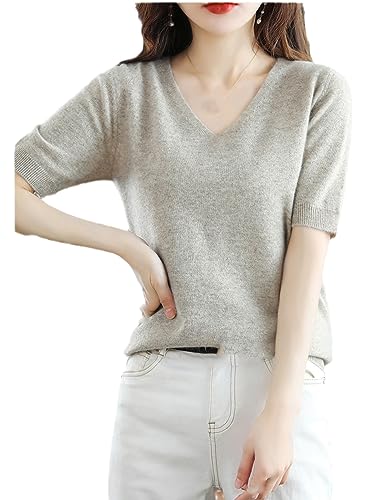 Sommer Damen Kaschmirpullover Kurzarm Pullover Mit V-Ausschnitt Lässiger Solider Kurzarmpullover Frühling Light khaki9 S von Dvbfufv