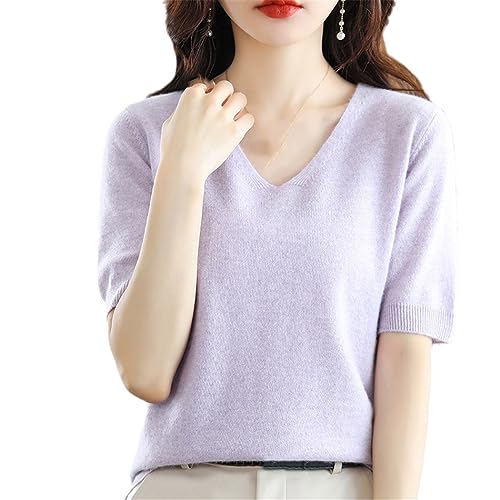 Sommer Damen Kaschmirpullover Kurzarm Pullover Mit V-Ausschnitt Lässiger Solider Kurzarmpullover Frühling Taro Purple XL von Dvbfufv