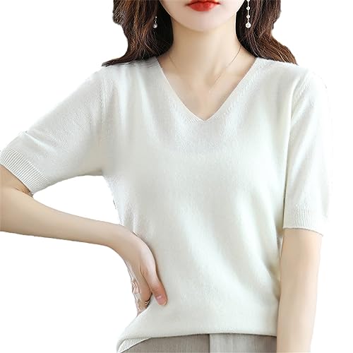 Sommer Damen Kaschmirpullover Kurzarm Pullover Mit V-Ausschnitt Lässiger Solider Kurzarmpullover Frühling White XL von Dvbfufv