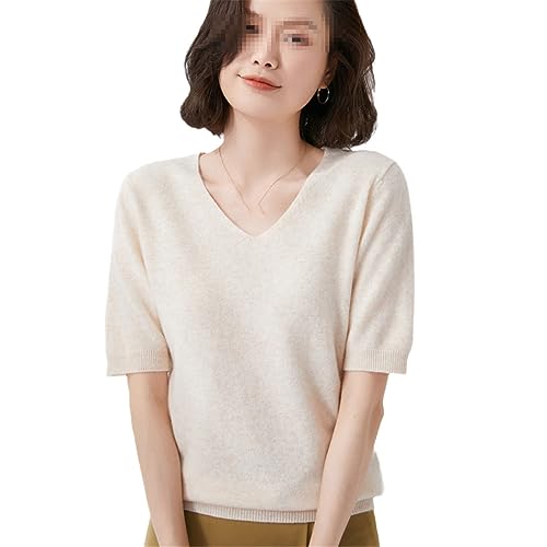 Sommerwolle Kurzarm Damen Trend T-Shirt Solid V-Ausschnitt Pullover Dünnes Strickoberteil Halbarm Kaschmirpullover Beige M von Dvbfufv