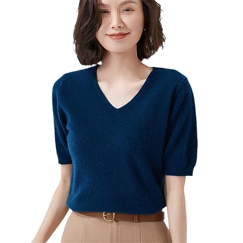 Sommerwolle Kurzarm Damen Trend T-Shirt Solid V-Ausschnitt Pullover Dünnes Strickoberteil Halbarm Kaschmirpullover Navy Blue L von Dvbfufv