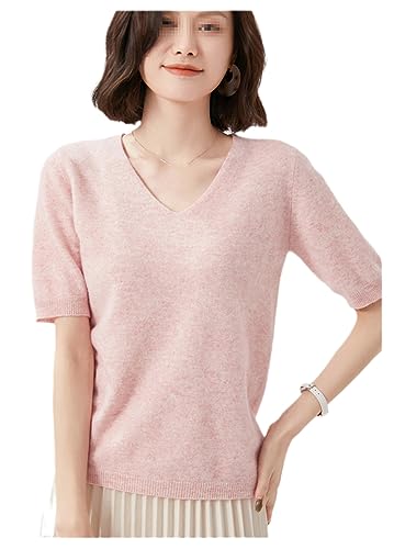 Sommerwolle Kurzarm Damen Trend T-Shirt Solid V-Ausschnitt Pullover Dünnes Strickoberteil Halbarm Kaschmirpullover Pink XL von Dvbfufv