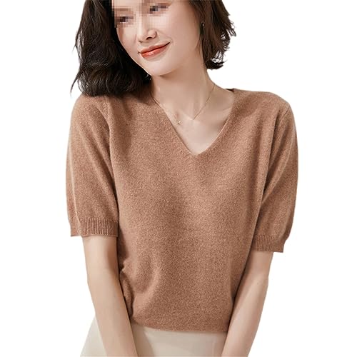 Sommerwolle Kurzarm Damen Trend T-Shirt Solid V-Ausschnitt Pullover Dünnes Strickoberteil Halbarm Kaschmirpullover golden khaki9 L von Dvbfufv