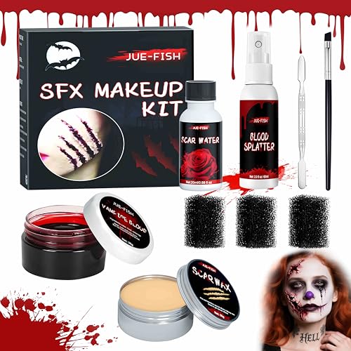 Dwafill Halloween Spezialeffekt Make Up Set - Kunstblut, Narbenwachs, Blutspray & mehr , Auswaschbar Kunstblut Set Halloween Schminke Wunden Wundschorf Narben , für Vampir Zombie Untoter Monster von Dwafill