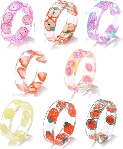 Dwang 8 Stück Acryl Obst Transparent Harz Ring Indie Sommer Knöchel Bunte Lustige Obstringe Geschenk für Frauen Teenager Mädchen 1,7 cm Niedliche Mädchen Ringe Schmuck von Dwang
