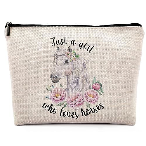 Dwept Kosmetiktasche mit Aufschrift Just A Girl Who Loves Horses, Aquarell-Blumenpferd, Make-up-Tasche, Reißverschluss, Kosmetiktasche, Reise, Leinen, Make-up-Organizer, Pferde-Geschenke für Frauen, von Dwept