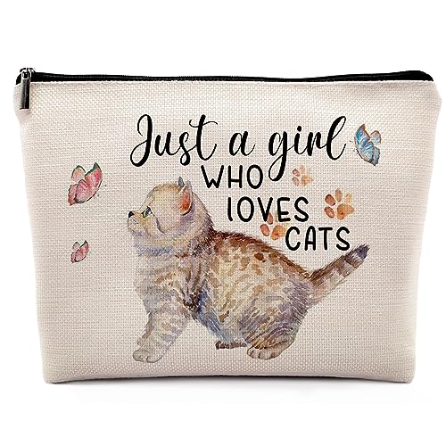 Dwept Kosmetiktasche mit Aufschrift Just a Girl Who Loves Cat, niedlicher Schmetterlings-Cartoon-Katzen-Make-up-Tasche, Reißverschluss, Kosmetiktasche, Reise-Make-Up-Organizer, schönes von Dwept