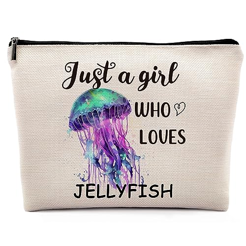 Dwept Kosmetiktasche mit Aufschrift Just a Girl Who Loves Jellyfish, Bunte Quallen-Thema, Make-up-Tasche, Reißverschluss, Kosmetiktasche, Reise, Leinen, Make-up-Organizer, Ozeantier-Geschenke für von Dwept