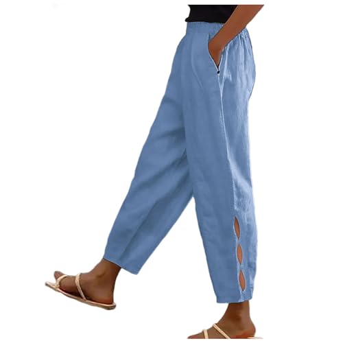 7/8 Hose Damen Sommer | mit Tunnelzug und Taschen Leicht und Luftig Sommerhose Haremshose Schwarz Baumwolle Leinen Stoffhose Palazzo Hose Stretch Weite Pumphose Locker Strandhose Freizeithose von Dwevkeful