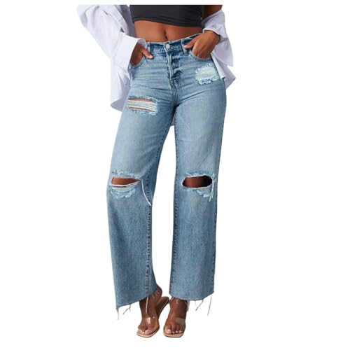 Baggy Jeans Damen, Lang Y2K Casual Cargohose Jeanshose Loose fit High Waist Reißverschluss Leicht Freizeithose Jeans Latzhose Sommer mit Weitem Bein Stretch Jeans Jeans von Dwevkeful