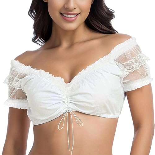 Dwevkeful Dirndl Damen, Spitze Weiß Dirndlbluse V Ausschnitt Weiss Trachtenbluse Flügelärmel Große Größen Dirndlblusen für Damen von Dwevkeful