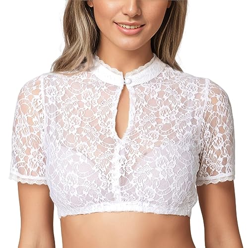Dwevkeful Dirndlblusen für Damen, Spitze Weiß Dirndlbluse V Ausschnitt Weiss Trachtenbluse Flügelärmel Große Größen Dirndlblusen für Damen von Dwevkeful