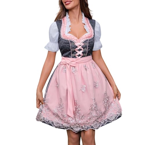 Dwevkeful Dirndlkleid Damen, 3-Teilig Midi Dirndlkleid Oktoberfest-Kostüm Dirndlschürze Elegant Komplett Dirndl Trachtenmode Dirndelkleider Trachtenkleid, Rosa, M von Dwevkeful