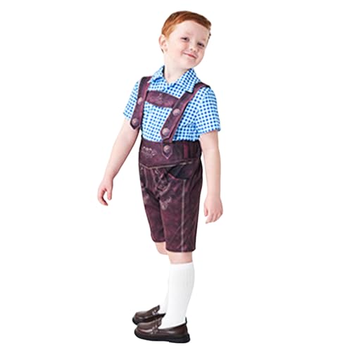 Dwevkeful Lederhose Jungen, 3 Teilig Trachtenset Kinder Oktoberfest Kostüm Set Jungen Kurzarm Gingham Hemd + Kurz Trachtenhosen + Trachtensocken Trachten Arbeitshosen Cosplay Outfit, Blau, 2-4 Jahre von Dwevkeful