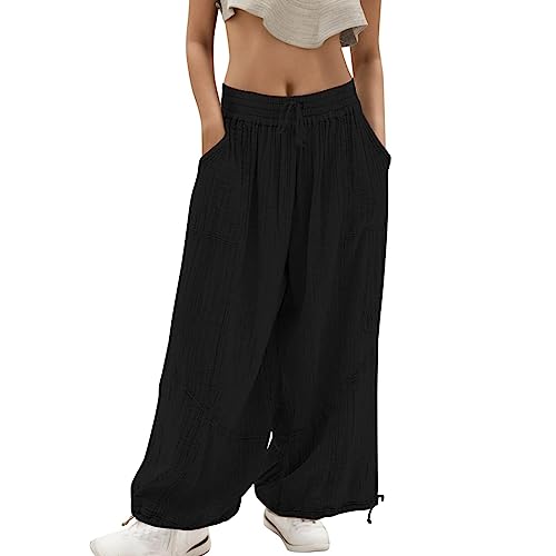 Dwevkeful Leinenhose Damen Sommer Leicht Elegant Sommerhose Locker Baumwolle mit Gummizug Haremshose Musselin Hose High Waist Bequem Stoffhose Weite Beine Große Größen Schlupfhose von Dwevkeful