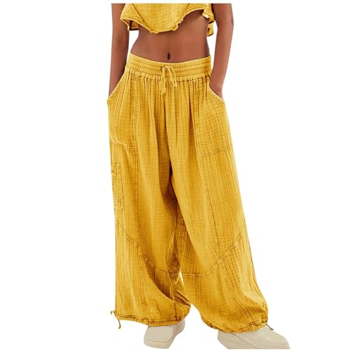 Dwevkeful Leinenhose Damen Sommer Leicht Elegant Sommerhose Locker mit Gummizug Haremshose Musselin Hose High Waist Bequem Stoffhose Weite Beine Große Größen Schlupfhose von Dwevkeful
