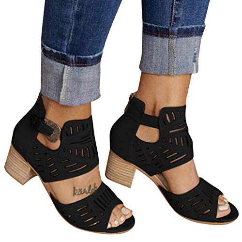 Dwevkeful Sandalen Damen Dicke High Heels Sommer Offene Schuhe Wedge Peep Toe Schnalle Sandaletten Große Größe Retro Römische Sandaletten mit Blockabsatz Mode Reißverschluss Sandalen Absatzschuhe von Dwevkeful