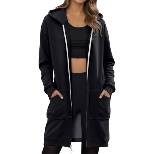 Dwevkeful Sweatjacke Damen mit Kapuze Lang Hoodie Damen Reißverschluss Langarm Mantel Winter Warm Cardigan Kapuzenpullover Sweatshirt mit Kapuze Strickjacke Kapuzenjacke mit Taschen, Schwarz, XXL von Dwevkeful