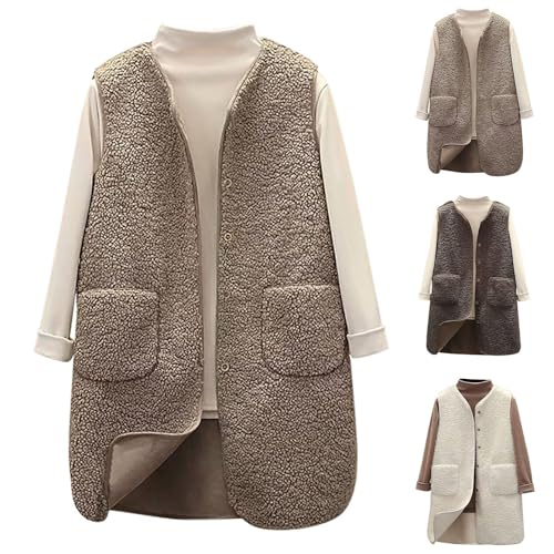 Fleeceweste Damen Teddy, Teddy Weste Damen Lang Ärmellos Fleeceweste Damen Flauschig Knöpfen mit Taschen Fellweste Damen Winterweste Warm Einfarbig Teddyfleece Jacke von Dwevkeful