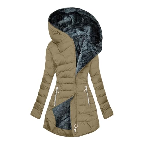 Steppmantel Damen Leicht, Warm Gefüttert Steppjacke Lange Elegant Damenmantel Langarm Winter Parka Jacke mit Kapuze Winterparka Mantel Einfarbig Bequemes Sportjacke Winddicht Outdoorjacke, Khaki, L von Dwevkeful