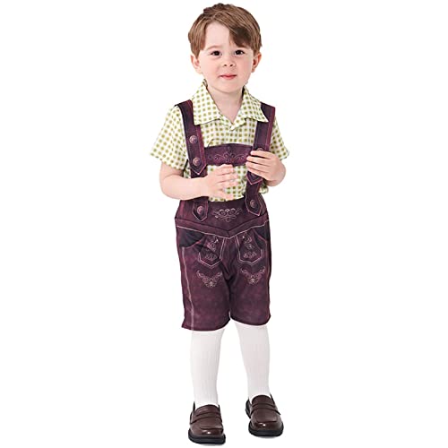Trachtenhemd Kinder, 3 Teilig Trachtenset Kinder Oktoberfest Kostüm Set Jungen Kurzarm Gingham Hemd + Kurz Trachtenhosen + Trachtensocken Trachten Arbeitshosen Cosplay Outfit, Grün, 2-4 Jahre von Dwevkeful