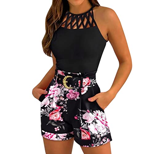 Zweiteiler Damen Sommer Elegant Festival Outfit 3 Teiler Set Crop Tank Top + Shorts + Gürtel mit Aufdruck Sommer Outfit Business Outfit Slim Fit Casual Festliches Outfit von Dwevkeful