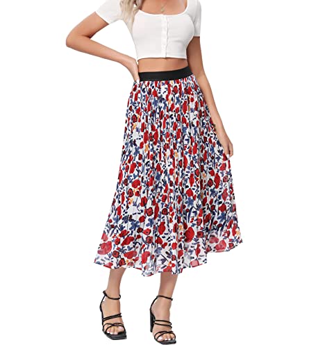 Dwirapal Damen Blumendruck Midi Röcke Chiffon Ethno Elastisch Hohe Taille Casual Plissee Swing Röcke, 73 weiße rote Blumen, Klein von Dwirapal