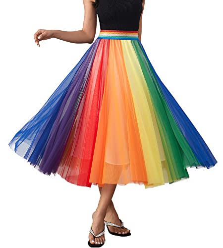 Frauen Plissee Lange Tüll Rock Hohe Elastische Taille Swing Casual Midi Rock, 31 Regenbogen, Klein von Dwirapal