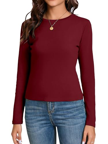 Dwnval Damen Herbst Langarm Rundhals T-Shirt Basic Slim Fitted Knit Going Out Tops, Weinrot, Klein von Dwnval