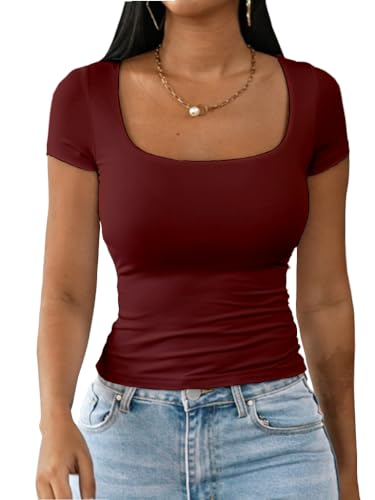 Dwnval Damen Sexy Langarm Crop Top Quadratischer Ausschnitt Doppelt Gefüttert Basic Slim Fit T-Shirt, 2# Burgunderrot, Mittel von Dwnval