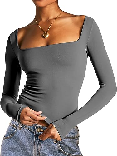 Dwnval Damen Sexy Langarm Crop Top Quadratischer Ausschnitt Doppelt Gefüttert Basic Slim Fit T-Shirt, grau dunkel, Klein von Dwnval