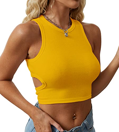 Dwnval Damen Sommer Neckholder Tops Cutout Ärmellos Rundhalsausschnitt Racerback Gerippt Strick Crop Tank Top, gelb, Klein von Dwnval