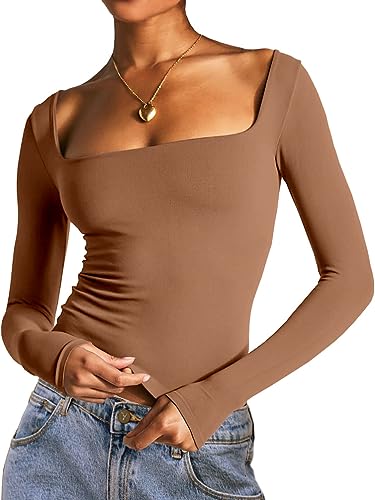 Dwnval Doppelt gefüttertes Langarm-Shirt für Damen mit quadratischem Ausschnitt – Basic Slim Fit Crop T-Shirt, Braun, Klein von Dwnval