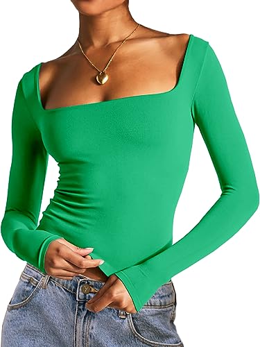 Dwnval Doppelt gefüttertes Langarm-Shirt für Damen mit quadratischem Ausschnitt – Basic Slim Fit Crop T-Shirt, Grün , Klein von Dwnval