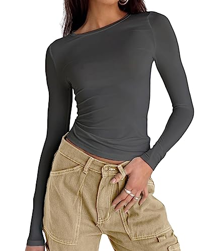 Dwnval Frauen Sexy Basic T Shirts Tops Sommer Kurzarm Rundhalsausschnitt Slim Fit Cute Crop Top Blusen, 2# Dunkelgrau, Klein von Dwnval