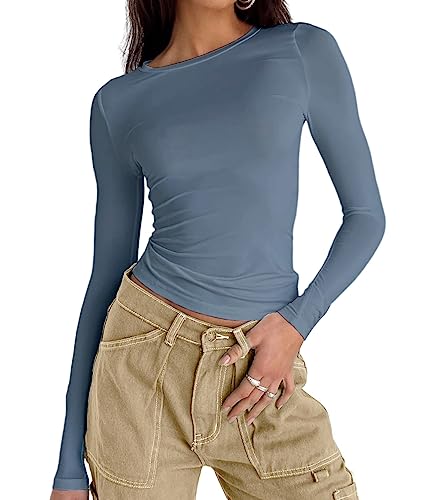 Dwnval Frauen Sexy Basic T Shirts Tops Sommer Kurzarm Rundhalsausschnitt Slim Fit Cute Crop Top Blusen, 2# Haze Blue, Klein von Dwnval