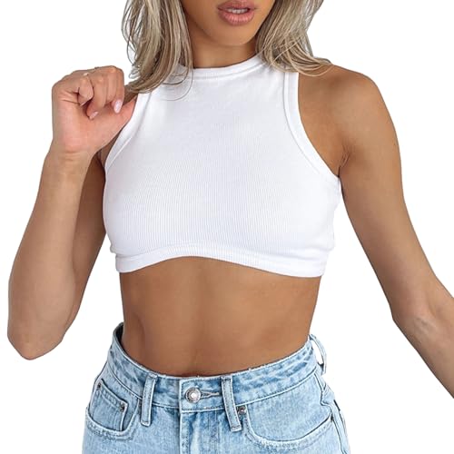 Dwnval Sexy ärmelloses Rundhalsausschnitt geripptes gestricktes Tank Crop Tops für Damen, Weiss/opulenter Garten, X-Klein von Dwnval