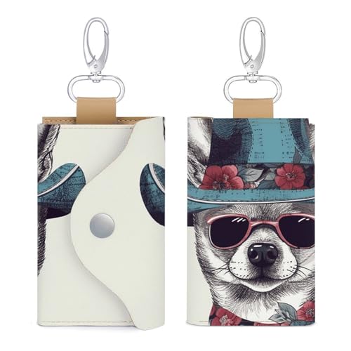 Dwrepo Chihuahua Hund trägt Hut Leder Schlüsseletui Schlüsselhalter Schlüsselanhänger Kartenhalter mit 6 Haken Geldbörse Tasche für Männer Frauen Weiß Einheitsgröße Weiß Einheitsgröße Casual, weiß, von Dwrepo