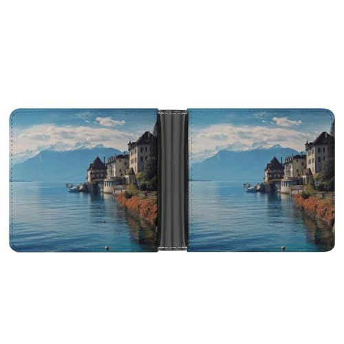 Dwrepo Herren-Ledergeldbörse Bifold Wallet für Männer Genfer See Schweiz Slim Wallet mit mehreren Karten Klassischer Passcase Herren Kartenhalter Schwarz Einheitsgröße Klassisch Schwarz Einheitsgröße von Dwrepo