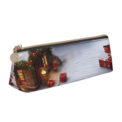 Dwrepo Leder-Federmäppchen für Damen und Herren, Federmäppchen mit Reißverschluss, tragbares Federmäppchen, Frohe Weihnachten, Haus, Stiftetasche, kleine Make-up-Tasche, Münztasche für Arbeit von Dwrepo