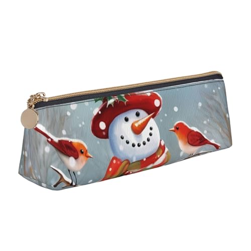 Dwrepo Leder-Federmäppchen für Damen und Herren, Federmäppchen mit Reißverschluss, tragbares Federmäppchen, Frohe Weihnachten, Schneemann und Vögel, kleine Make-up-Tasche, Münztasche für Arbeit von Dwrepo