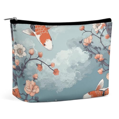 Dwrepo Make-up-Tasche mit großem Fassungsvermögen, Reise-Make-up-Tasche, PU-Leder, Kosmetiktasche für Damen, handgezeichnete Elemente, Fisch-Kulturbeutel, tragbarer Make-up-Organizer, weiß, von Dwrepo
