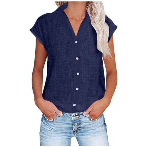 Bluse Damen Sommer Lässiges Kurzarm Hemdbluse Einfarbig Revers und Knopfleiste und Lotusblattärmeln Shirt V-Ausschnitt Lässiges Kurzarm Strickjacke Elegant Hemd Leicht Sommerblusen Tops von DxanDn